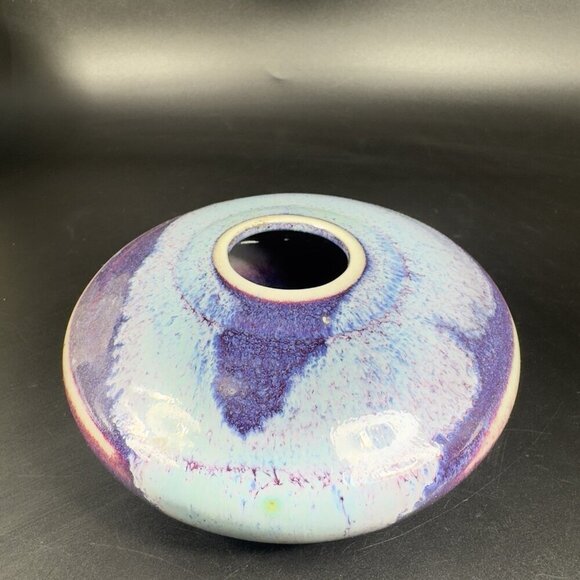 Vintage Hand Made Studio Art Pottery Flat Vase Vessel Multicolor Glaze Vase VTG - Picture 10 of 10